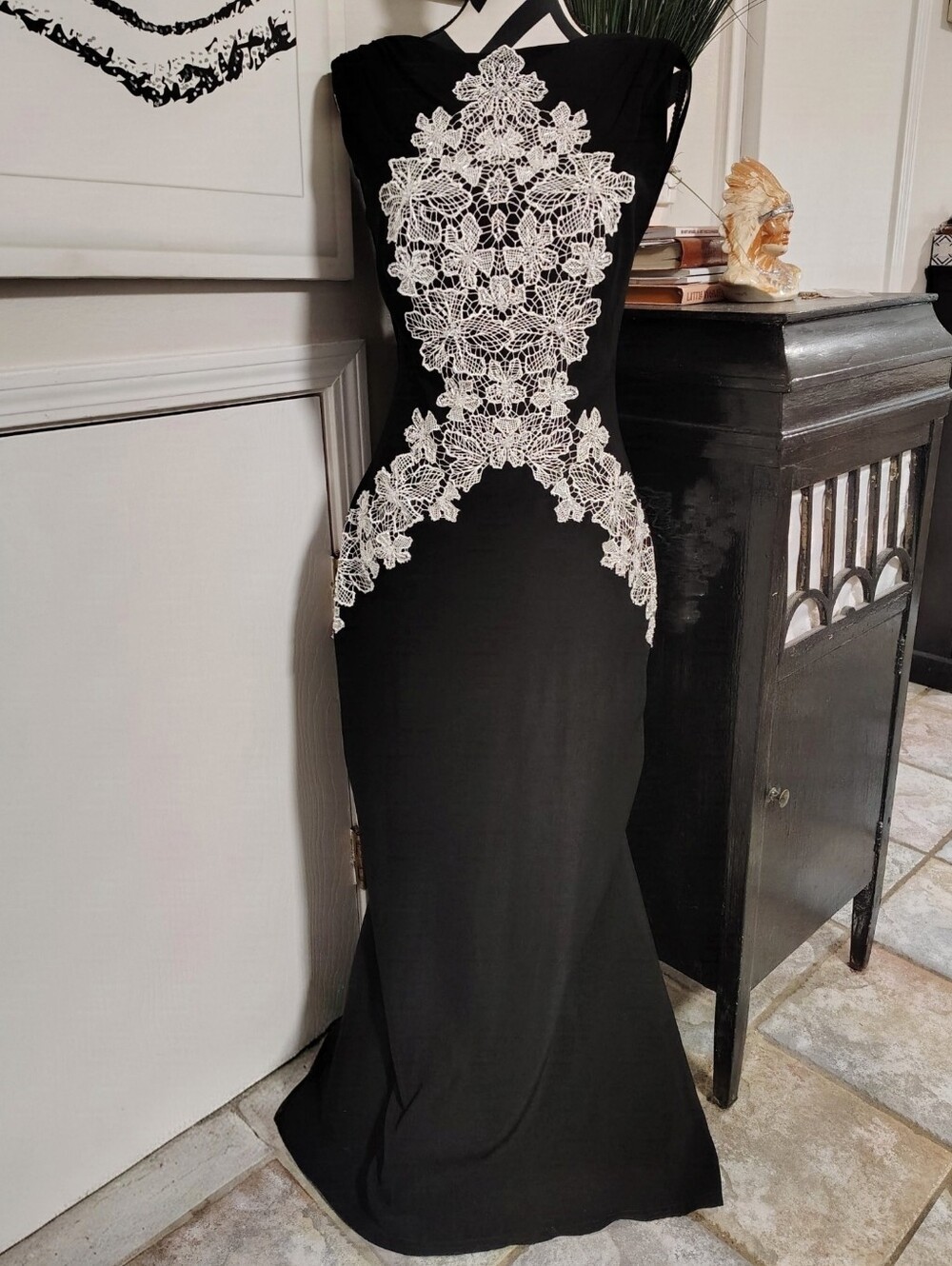 Tadashi Shoji $678 Crepe Draped Open Back Evening Gown Black & White Women's 4